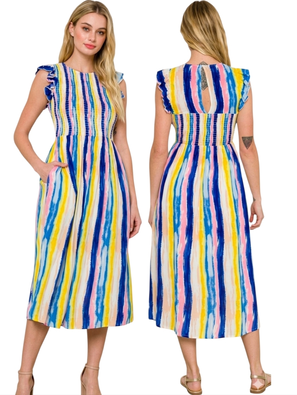 ENGLISH FACTORY Multicolor Striped Smocked Midi Dress - Size S